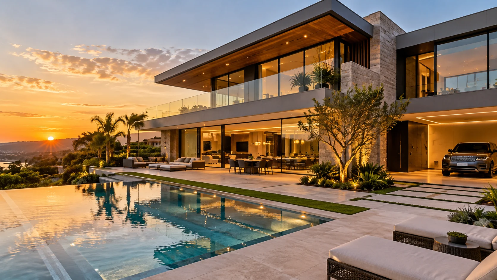 Casa com piscina ao pôr do sol